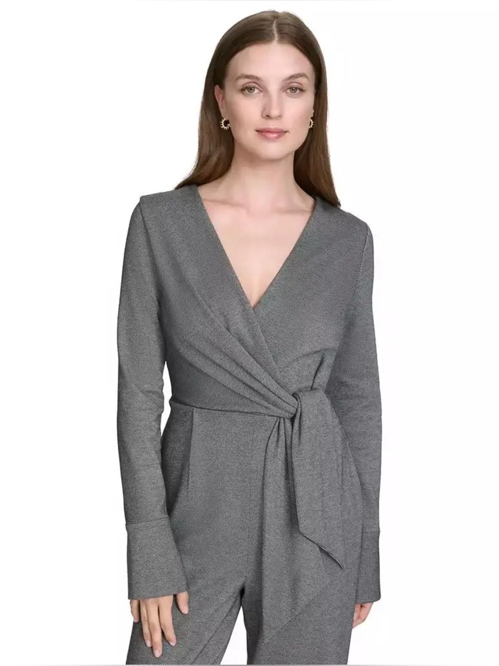 H Halston grey waist tie v neck 70s 80s style jumpsuit 8